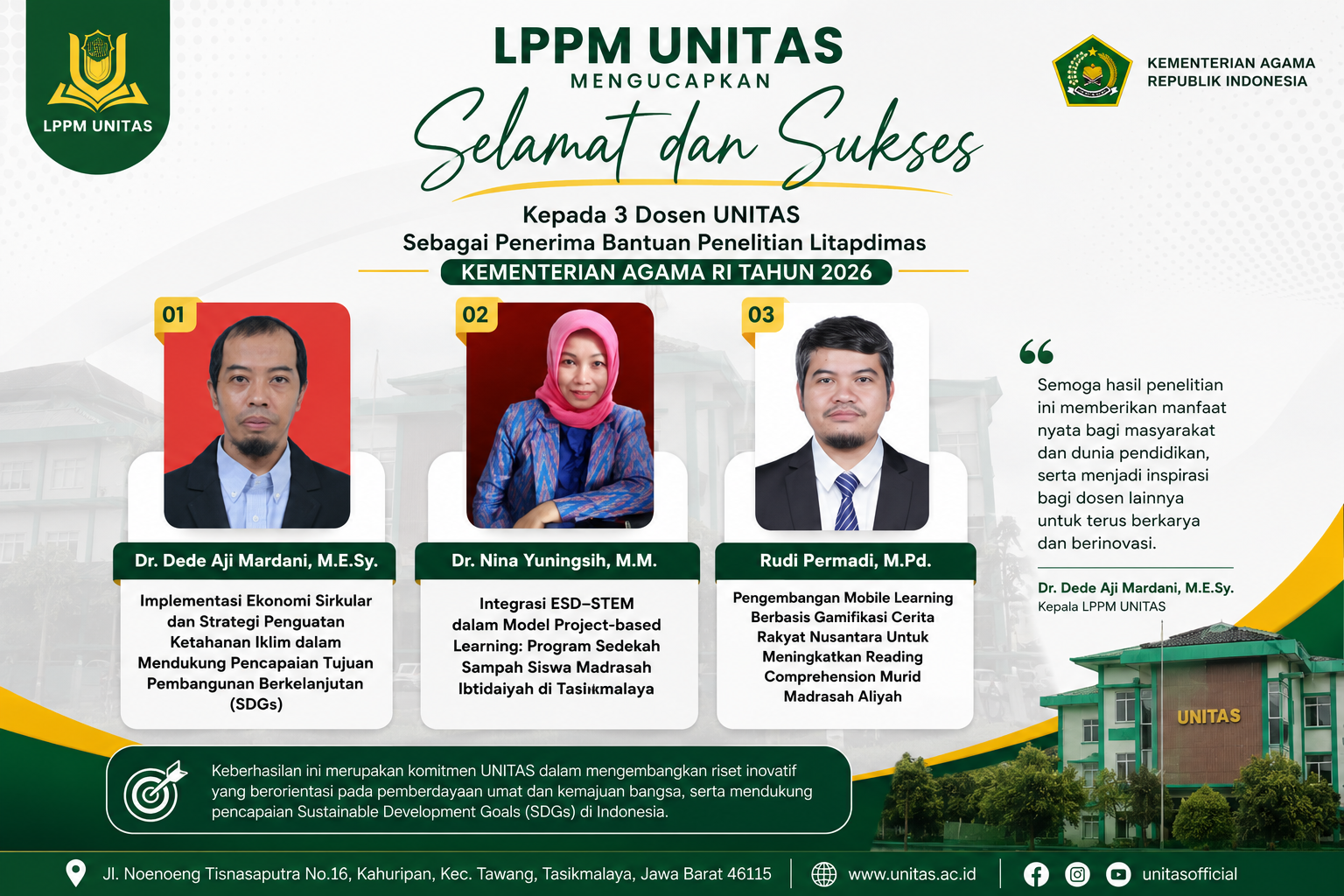 Prestasi Membanggakan, Tiga Dosen UNITAS Lolos Hibah Penelitian Litapdimas Kemenag RI 2026